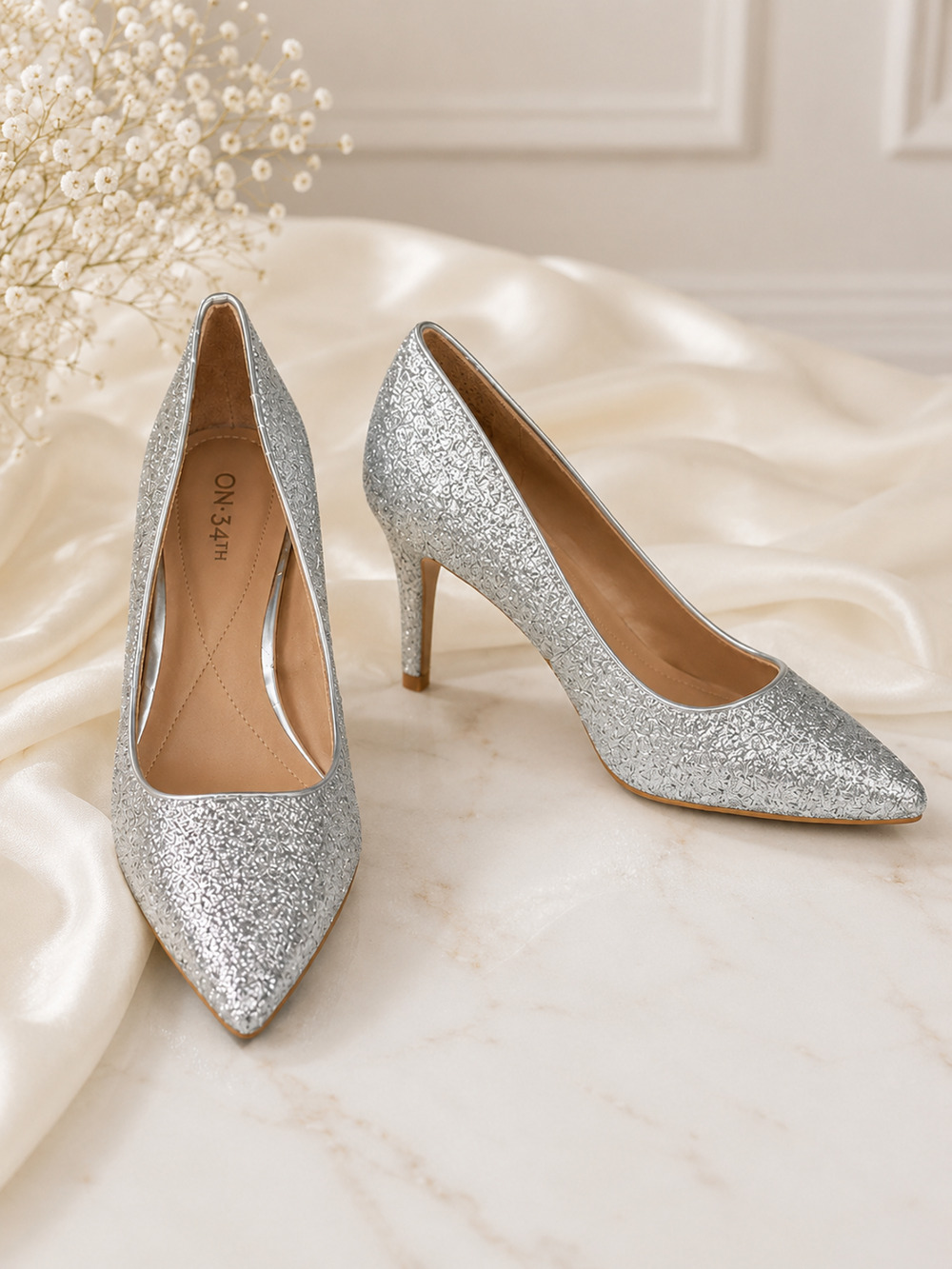 On 34th Jeules Silver Glitter Pointed Toe Pumps Heels Women's 6M NIB
